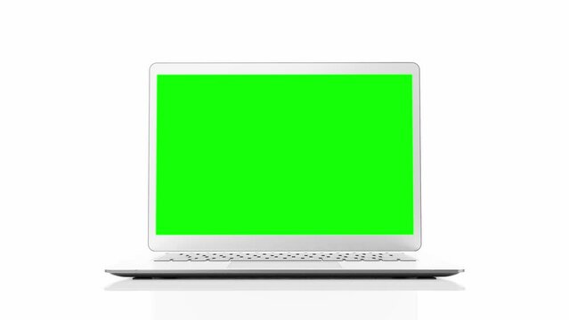 Laptop Mock-Up and green screen on work desk in white room. Designed in minimal. Can be used for background in education or business. 3D Render.