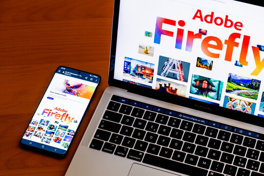 ITALY - April 3, 2023: Adobe Firefly website displayed on smatphone and laptop screen. Adobe has announced the beta release of its AI Art Generator tool.