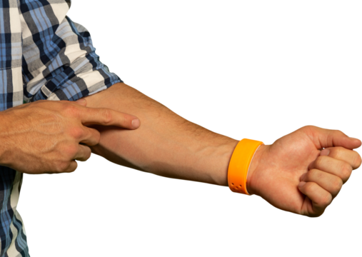 Mid-section of man gesturing on his forearm