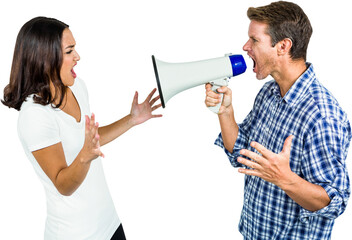 Man holding  megaphone shouting while standing by woman