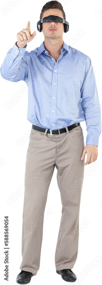 Poster full length of man gesturing while using virtual reality simulator