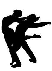 ソーシャルダンスを踊る男女ペアのシルエット　全身横向きのイラスト