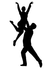 社交ダンス 男性ダンサーが女性を高く持ち上げて踊る 全身正面と横向きのシルエットのイラスト