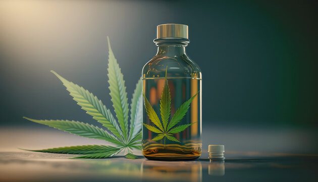 CBD Oil glass bottle with Marijuana leaves , Cannabis liquid, Generative AI Technology