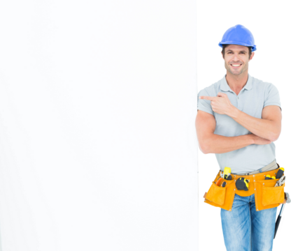 Confident architect with bill board over white background