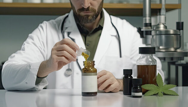 Doctor holding CBD Oil glass bottle with Marijuana leaves , Cannabis liquid, Generative AI Technology