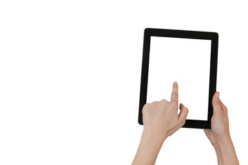 Hands touching digital tablet against white background