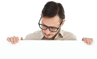 Geeky young hipster showing poster