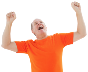 Mature man in orange tshirt cheering