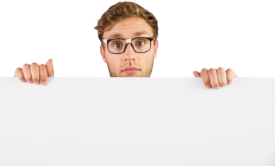 Geeky hipster showing a card