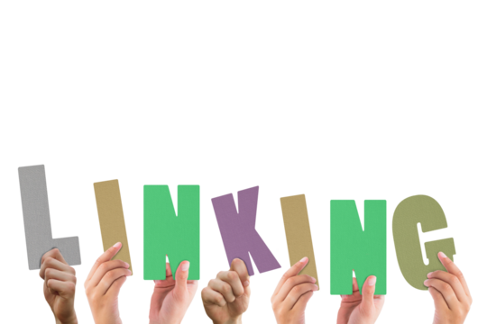 Colorful alphabet spelling linking held up by people 