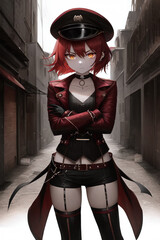 黒革ジャケット、ショートパンツのショートカット少女