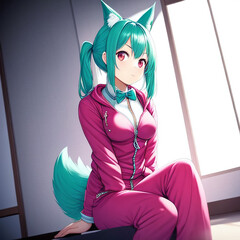 座る猫耳ピンクパーカーの女の子