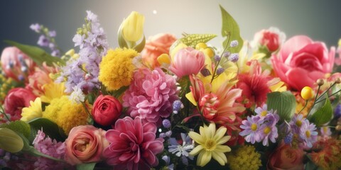 Fototapeta na wymiar Bright, assorted flowers in Mother's Day spring banner