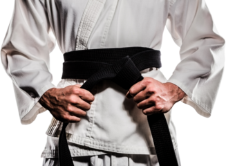 Fighter tightening karate belt