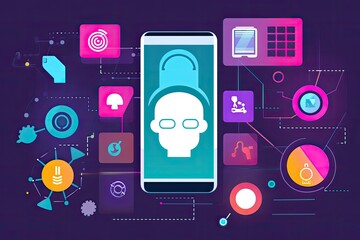 A colorful graphic showing various technological devices and trends. In the center of the graphic is a large smartphone with a face recognition feature  