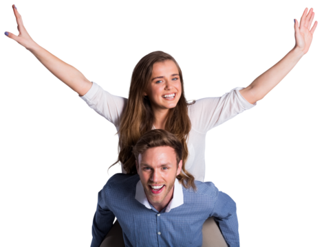 Smiling young man carrying woman