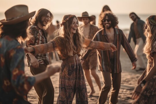 group of hippies dancing on the beach at sunset time. Generative AI