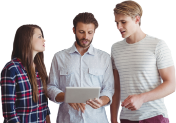 Business people planning over digital tablet against white background