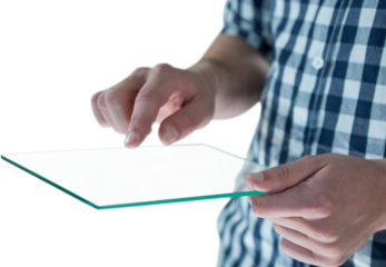 Midsection of man using futuristic digital tablet