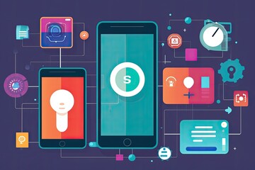 A colorful graphic showing various technological devices and trends. In the center of the graphic is a large smartphone with a face recognition feature  