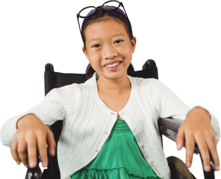Young girl smiling while sitting on wheelchair - Powered by Adobe