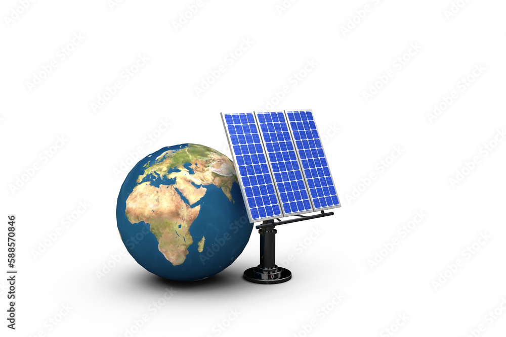 Poster digitally composite image of 3d globe with solar panel