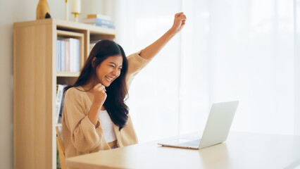 Funny euphoric young asian woman celebrating winning or getting ecommerce shopping offer on...