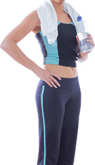 Sporty woman with towel around neck and water bottle