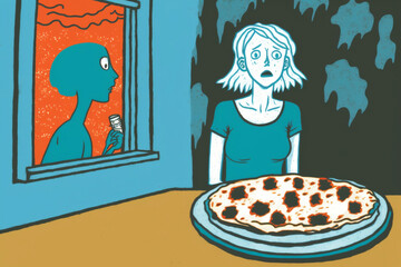 Woman afraid to eat pizza, eating disorder, anxiety issue with body image , emotional eating