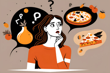 Woman questioning about eating food, food disorder, eating disorder, simple and minimalistic illustration - obrazy, fototapety, plakaty