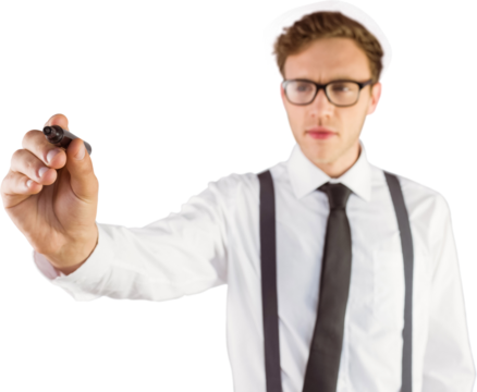 Geeky businessman writing with marker