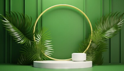 White product podium with green tropical palm leaves and golden round arch on green wall. Generative ai