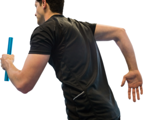 Rear view of athlete running with baton