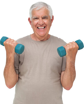 Fototapeta Portrait of a happy senior man exercising with dumbbells