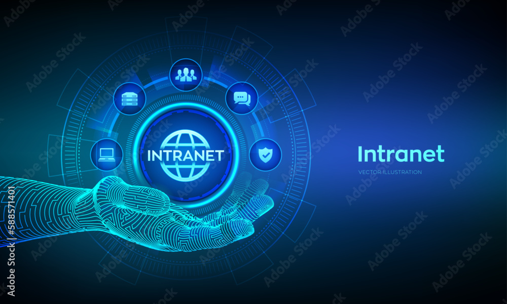 Poster intranet icon in robotic hand. global network connection technology concept on virtual screen. intra