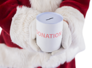 Santa holds a can for donations