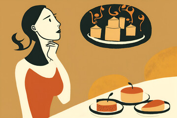 Woman questioning about eating food, food disorder, eating disorder, simple and minimalistic illustration