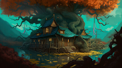 Dark tree house illustration