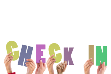 Cropped hands holding colorful words check in 