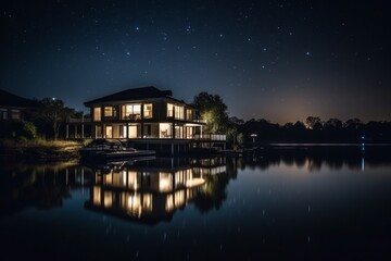 Obraz premium night view of the lake made with generative ai