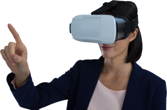 Businesswoman gesturing while using virtual reality headset