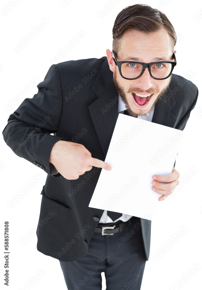 Poster geeky smiling businessman showing paper