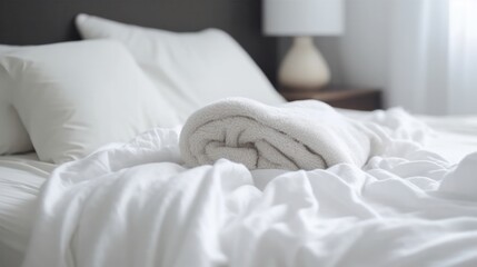 Cozy white pillow and blanket on bed in the morning. Generative AI.