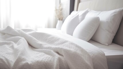 Cozy white pillow and blanket on bed in the morning. Generative AI.