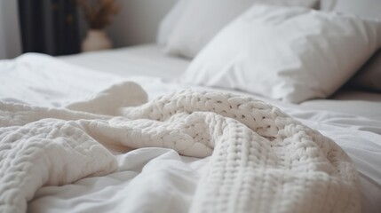 Cozy white pillow and blanket on bed in the morning. Generative AI.