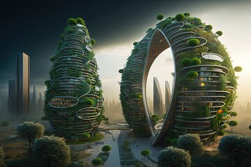 A futuristic cityscape featuring green infrastructure such as rooftop gardens, vertical farms, and renewable energy sources, highlighting the trend towards sustainable urban development  Generative AI