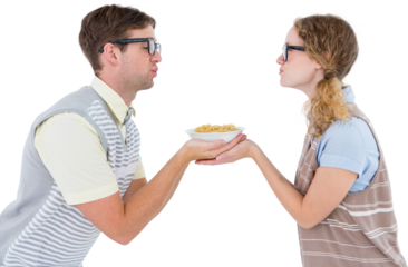 Geeky hipster couple holding pasta