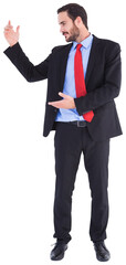 Smiling businessman holding something with his hands