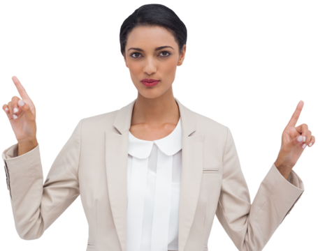 Serious businesswoman with hands up